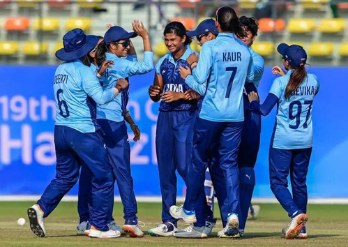 Indian players celebrate during the Women's cricket final match against Sri Lanka at 19th Asian Games at Pingfeng Campus Cricket Field in Hangzhou, China, Monday