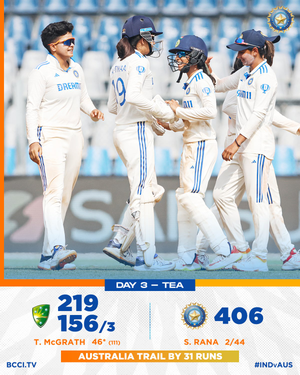 Australia, 156/3 at tea, trail India by 31 runs in one-off Test  (Photo Credit: BCCI Women)