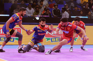 Dabang Delhi beat UP Yoddhas 35-25 to climb into top six in a Season 10 match of the Pro Kabaddi League at the Noida Indoor Stadium in Noida on Saturday. Photo credit: PKL