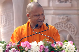 Ayodhya : Uttar Pradesh CM Yogi Adityanath addresses people after the 'Pran Pratishtha' ceremony at the Shri Ram Janmaboomi Temple in Ayodhya on Monday, Jan 22, 2024. (Photo: IANS)