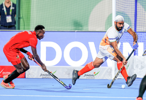 Uttam Singh scores three goals as India outplay Kenya 9-4 in a match for the 5th to 8th place in FIH Hockey5s Men’s World Cup 2024 in Muscat, Oman, on Tuesday. Photo credit: Hockey India