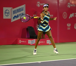 Sahaja Yamalapalli stuns top seed Kayla Day for biggest win of career in first round of Mumbai Open WTA 125K Series Tennis Championships in Cricket Club of India (CCI) on Monday. Photo credit: MSLTA