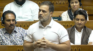 New Delhi : Leader of opposition Rahul Gandhi speaks in Lok Sabha during the Budget Session of Parliament in New Delhi on Monday 29, 2024.(Photo: IANS/Sansad Tv)