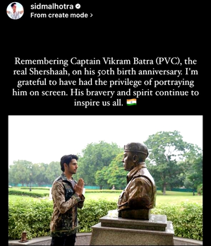 Reel Sherahah Sidharth Malhotra pays tribute to real Shershah, Vikram Batra on his birth anniversary