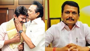 Udhayanidhi Stalin with MK Stalin (left) and N. Senthil Balaji (right)