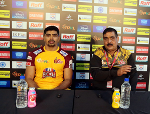 Pawan Sehrawat reveals special bond with Telugu Titans coach Krishan Hooda after their win over Bengaluru Bulls in Season 11 of Pro Kabaddi League (PKL) in Hyderabad. Photo credit: PKL