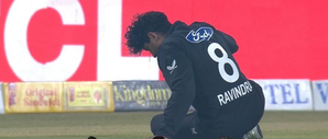 Floodlights in Lahore blamed as Rachin Ravindra suffers head injury while attempting a catch during the opening match of the ODI tri-series against Pakistan at the Gaddafi Stadium in Lahore on Saturday. 