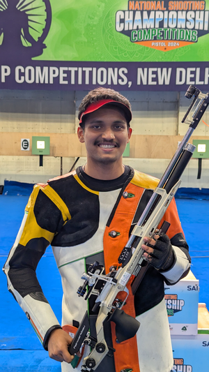 Rudrankksh Patil, Sift Kaur Samra, win the men’s 10m air rifle and women’s 50m rifle 3 positions (3P) T2 matches back-to-back in national selection trials in Group A at the Dr. Karni Singh Shooting range (DKSSR) in New Delhi on Monday. Photo credit: NRAI
