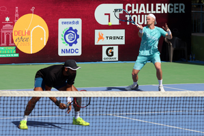Niki Poonacha and John Lock rally to victory as men's double battles start in Delhi Open 2025, the ATP Challenger 75 series event being played at the  DLTA Complex in New Delhi on Wednesday. Photo credit: DLTA 