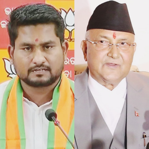 Odisha minister Suryabanshi Suraj (left) and Nepal PM K.P. Sharma Oli (right)