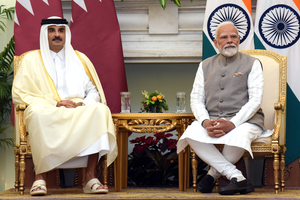 New Delhi: Prime Minister Narendra Modi and the Amir of the State of Qatar, Sheikh Tamim bin Hamad Al Thani, witness the exchange of MoUs between India and Qatar at Hyderabad House in New Delhi on Tuesday, February 18, 2025. (Photo: IANS)