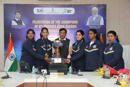 Sports Minister Dr Mansukh Mandaviya on Tuesday felicitated the women's kabaddi team for winning the title in 6th Asian Women’s Kabaddi Championship held in Tehran, Iran.  Photo credit: SAI Media