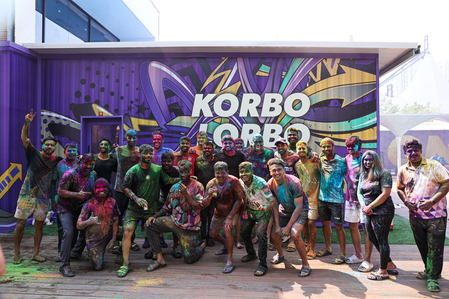 Kolkata Knight Riders players and coaching staff celebrate Holi at training camp in Kolkata on Friday. Photo credit: KKR
