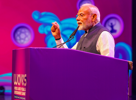 Caption: Mumbai: Prime Minister Narendra Modi addresses the inauguration of the World Audio Visual and Entertainment Summit 2025 in Mumbai, Maharashtra Thursday, May 01, 2025. (Photo: IANS)