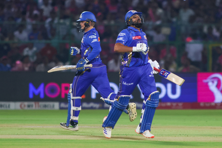 Ryan Rickleton and Rohit Sharma score fifties while Suryakumar Yadav and Hardik Pandya contributed superb unbeaten cameos as Mumbai Indians power to 217/2 in 20 overs against Rajasthan Royals in Match 50 of the Indian Premier League (IPL) 2025 in Jaipur on Thursday. IANS Photos