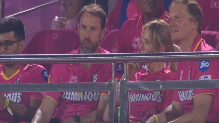 Gareth Southgate and Avani Lekhara spotted during the Rajasthan Royals vs Mumbai Indians game at the Sawai Mansingh Stadium in Jaipur on Thursday. Photo credit: Video grab from JioHotstar