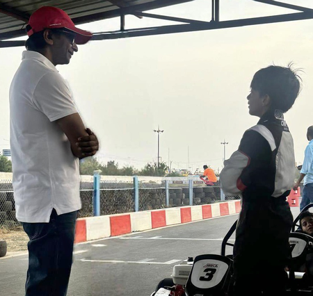 Driving ace Narain Karthikeyan gives tips to Ajith's son Aadvik on car racing