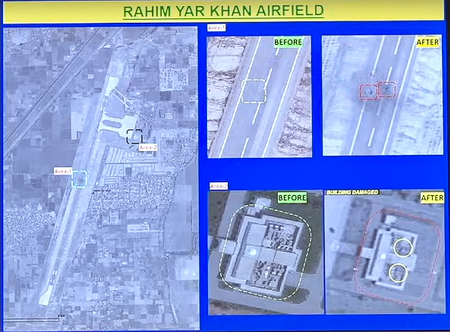 Photo/IANS/A graphic showing satellite images of the Rahim Yar Khan Airfield, before and after, is displayed during the press briefing on 'Operation Sindoor' in New Delhi on Sunday, May 11, 2025. 