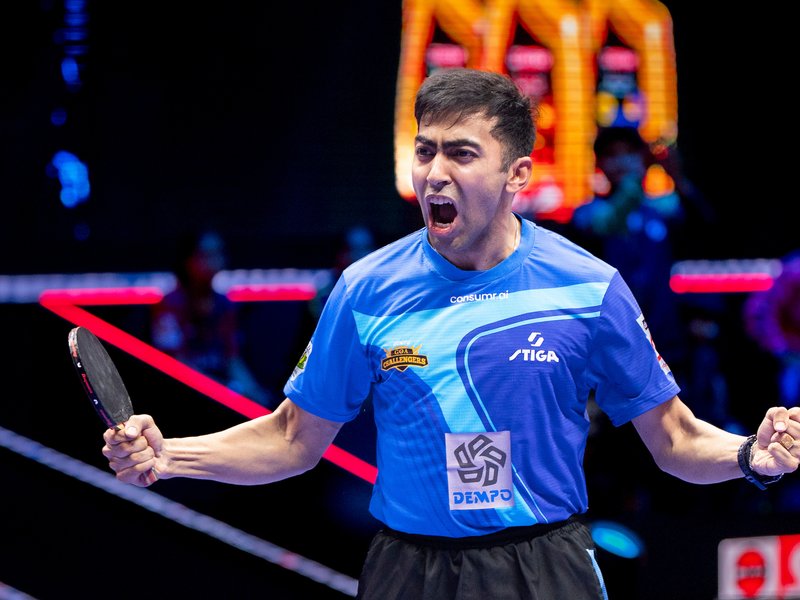 Harmeet Desai downs Sathiyan in epic but Dabang Delhi deny Goa Challengers victory in league match of Ultimate Table Tennis (UTT) Season 6 in Ahmedabad on Wednesday. Photo credit: UTT 