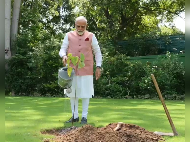 PM Modi plants Sindoor sapling given by 1971 war ‘Viranganas’ at official residence