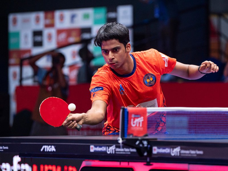 Snehit Suravajjula’s win powers Ahmedabad SG Pipers past Kolkata ThunderBlades in Ultimate Table Tennis (UTT) Season 6 in Ahmedabad on Tuesday. Photo credit: UTT 