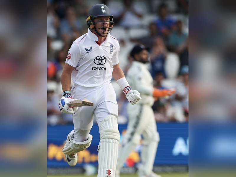 Ollie Pope’s unbeaten ton helps England reach 209/3, trail India by 262 runs at the end of the second day of the first Test of the Anderson-Tendulkar Trophy series at Headingley in Leeds on Saturday. Photo credit: England Cricket