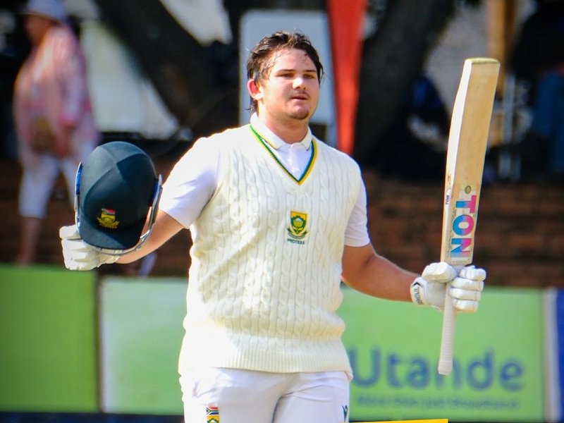 Lhuan-dre Pretorius becomes youngest South African batter to score Test century in the first match against Zimbabwe at the Queens Sports Club in Bulawayo on Saturday. Photo credit:  Proteas Men/X