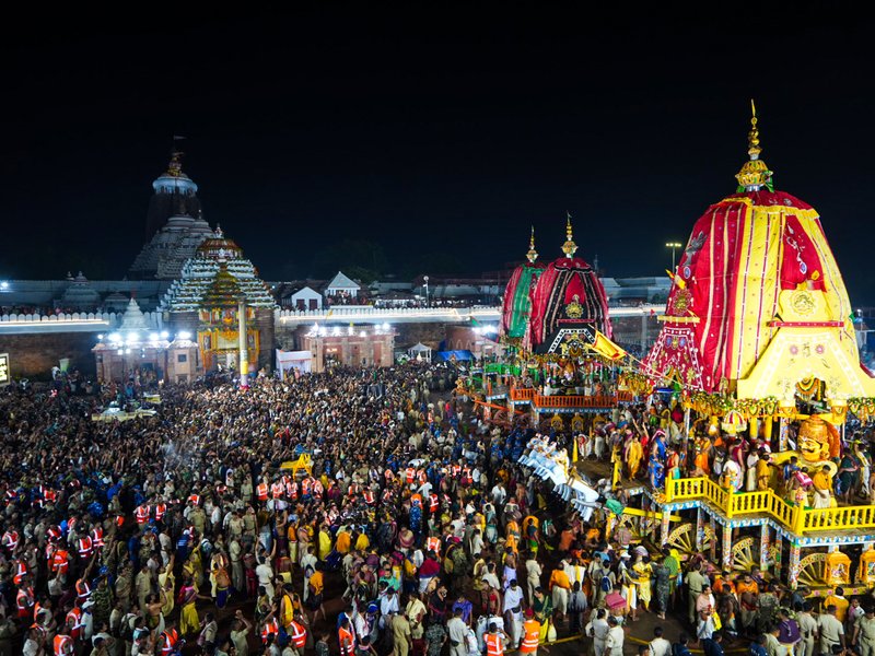 Puri: Chariots of Lord Jagannath, Lord Balabhadra, and Devi Subhadra return from the Gundicha Temple in front of the Sri Jagannath Temple during the Bahuda Yatra, in Puri on Saturday, July 05, 2025. (Photo: IANS)