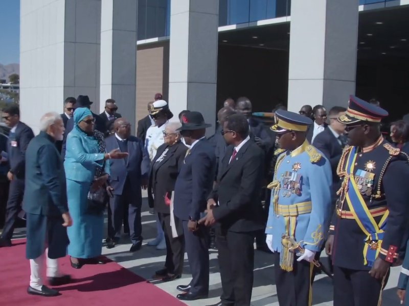 PM Modi accorded 21-gun salute during ceremonial welcome in Namibia