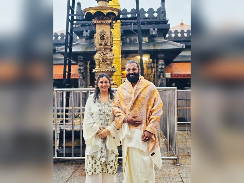 Rishab Shetty offers prayers at the Kollur Shri Mookambika Devi Temple with wife Pragathi Shetty