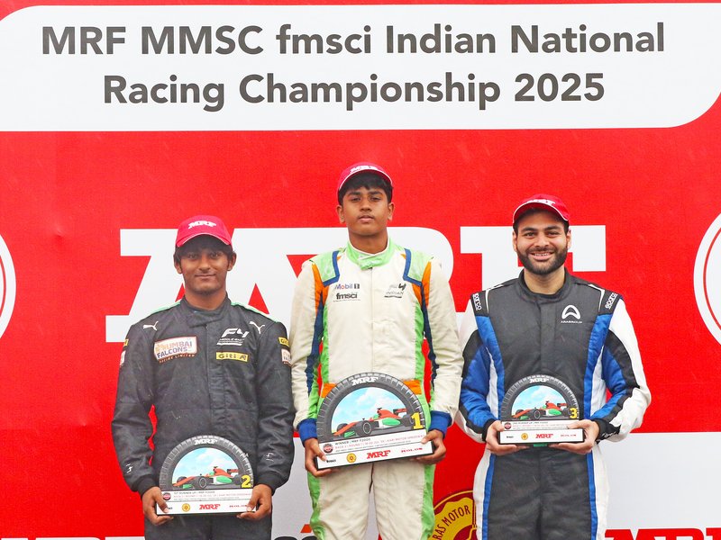 Arjun Chheda, Ishaan Madesh share honours on Day 2 of Round 1 of the MMSC fmsci Indian National Car Racing Championship 2025 at the Kari Motor Speedway in Coimbatore on Sunday. Photo credit: MMSC