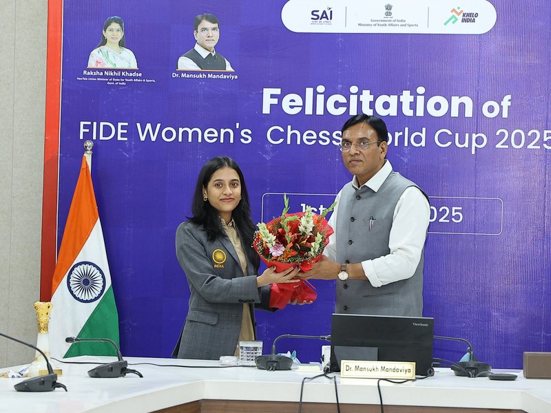 India’s victory in Women’s Chess World Cup is a testament to  sporting prowess of Bharat, says Union Sports Minister Dr Mansukh Mandaviya after felicitating Divya Deshmukh and Koneru Humpy in New Delhi on Friday. Photo credit: SAI Media