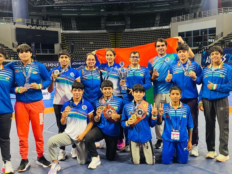 Indian Women's team bags six medals, claims overall championship in the 2025 Under-17 World Wrestling Championship which got underway in Athens, Greece, on Friday. Photo credit: WFI