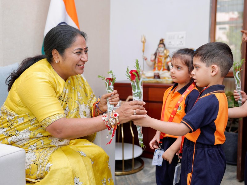 Delhi CM Rekha Gupta celebrates 'Raksha Bandhan' with schoolchildren at Jan Seva Sadan