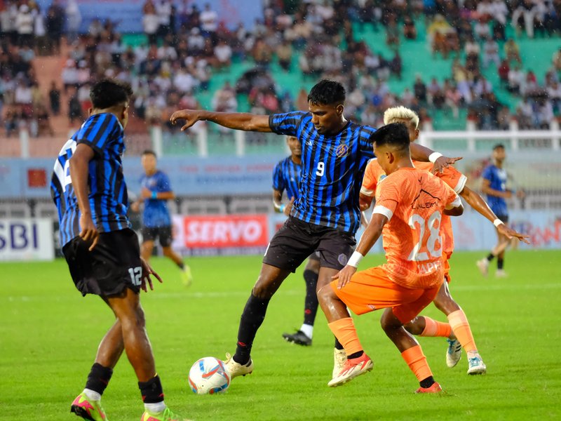 NEROCA FC share spoils with Indian Navy after goalless draw in a Group F encounter of the 134th Durand Cup football tournament at the Khuman Lampak Main Stadium in Imphal, Manipur, on Thursday. 