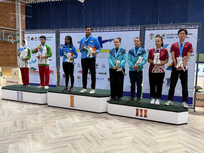 Suruchi-Saurabh clinch bronze in in the 10m air pistol mixed team event; juniors add gold to India's tally at the Asian Shooting being conducted at Shymkent (Kazakhstan) on Wednesday. Photo credit: NRAI