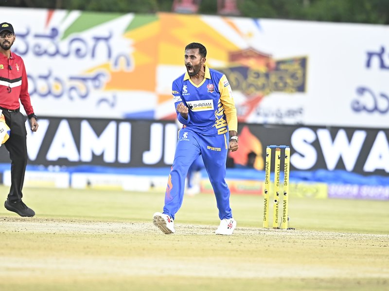 Shreyas Gopal leads Mangaluru Dragons to 52-run win over Mysore Warriors in the Maharaja Trophy KSCA T20 League in Mysore on Thursday. Photo credit: KSCA 