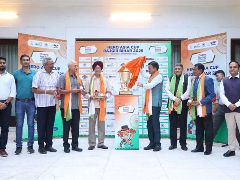 Mansukh Mandaviya unveils Hockey Asia Cup 2025 trophy in New Delhi on Monday. Photo credit: SAI media