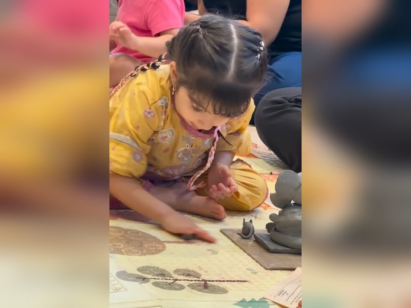 Bipasha Basu’s baby girl Devi sculpts Ganpati idol with her tiny hands
