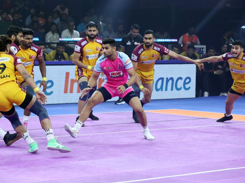Vijay Malik and Bharat combine to give Telugu Titans first win of season in a match against Jaipur Pink Panthers in a Pro Kabaddi League (PKL) match at the Vishwanadh Sports Club in Visakhapatnam on Thursday.