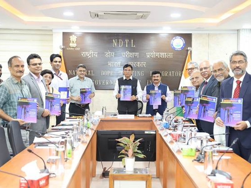 Union Minister Dr. Mansukh Mandaviya highlights the need to support cutting-edge research in anti-doping science during the launch of an indigenous Chemical Reference Material - Methandienone Long-Term Metabolite (LTM) - a critical chemical standard essential for anti-doping analysis in all World Anti-Doping Agency (WADA) - accredited Laboratories, in New Delhi on Thursday. Photo credit: PIB