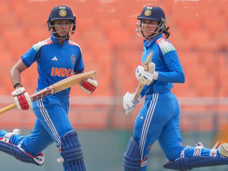 Fifties by Pratika Rawal, Smriti Mandhana, Harleen Deol propel India to 281/7 against Australia in the opening match of the ODI bilateral series in New Chandigarh on Sunday. Photo credit: BCCI Women