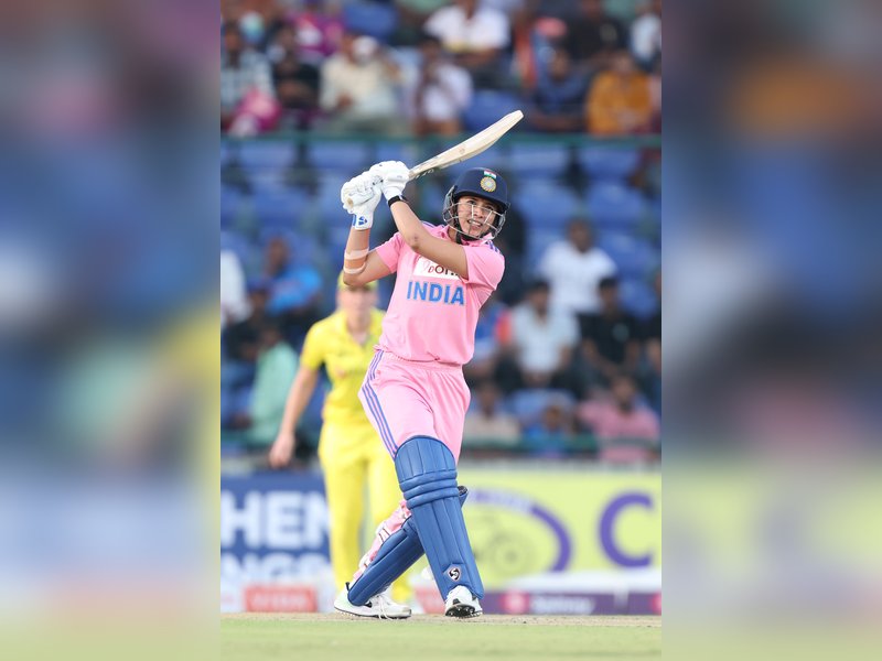 Smriti Mandhana smashes fastest century by an Indian batter in women's ODIs in the third match of the bilateral series against Australia in New Delhi on Saturday. Photo credit: BCCI Women