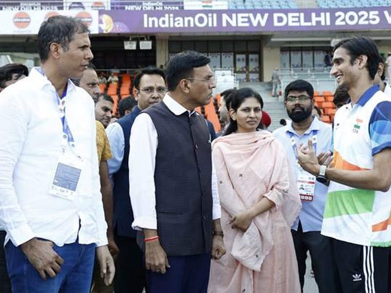 Sports Minister Dr. Mandaviya, MoS Raksha Khadse review final preparations for World Para-Athletics Championships at JLN Stadium in New Delhi on Tuesday. Photo credit: PIB