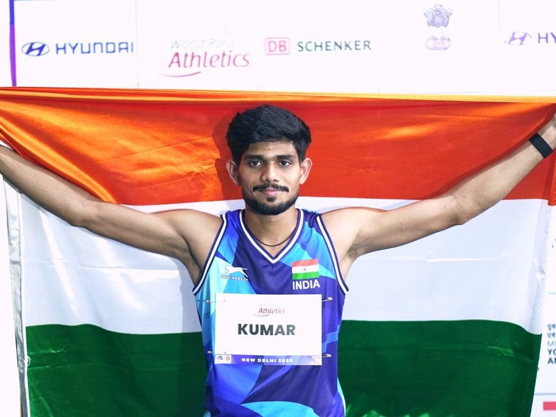 Sailesh Kumar wins gold in men's high jump T83 to open India's medal account on Day 1 of the 2025 World Para Athletics Championships in New Delhi on Saturday. Photo credit: SAI Media