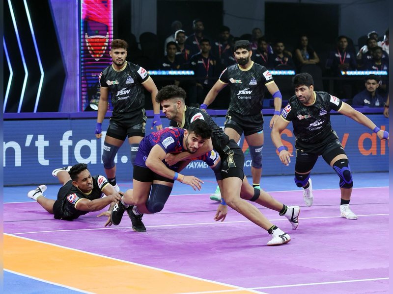 It's 100 matches and counting as Ashu Malik stars in Dabang Delhi’s thrilling win over Haryana Steelers in a Season 12 match of the Pro Kabaddi League (PKL) in Chennai on Monday. Photo credit: PKL