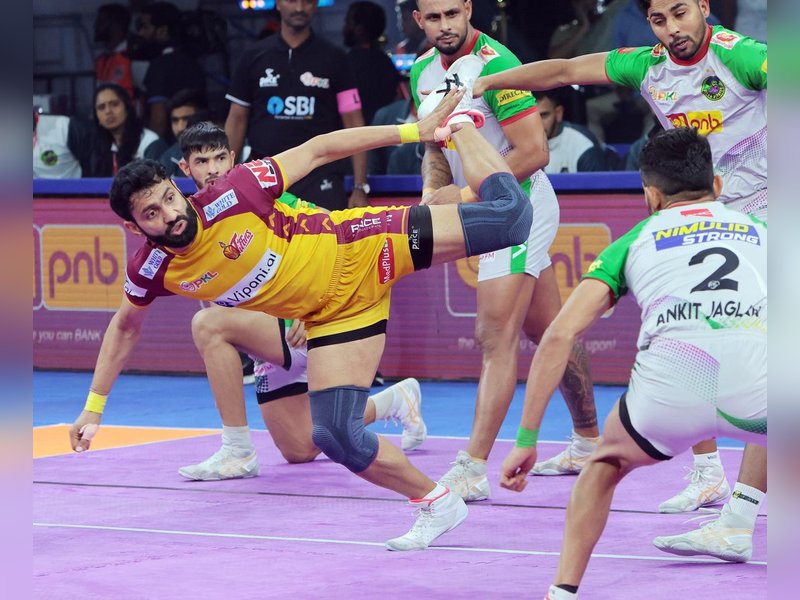 Vijay Malik stars as Telugu Titans’ all-round effort seals big win over Patna Pirates in a Season 12 match of the Pro Kabaddi League at the SDAT Multi Purpose Indoor Stadium in Chennai on Tuesday. Photo credit: PKL