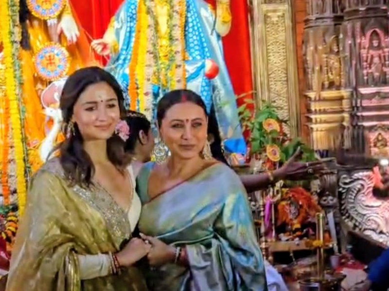 Alia Bhatt looks resplendent in golden saree as she joins Rani Mukerji for Durga Puja