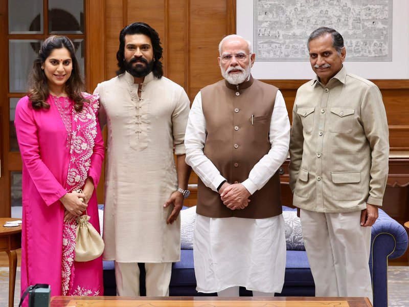 Prime Minister Narendra Modi commends Ram Charan’s efforts in popularising archery with Archery Premier League in New Delhi on Sunday. Photo credit:  Ram Charan/X