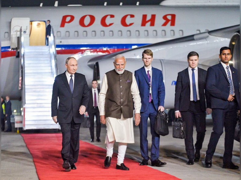 Prime Minister Narendra Modi receives Russian President Vladimir Putin upon his arrival at Palam Airport, in New Delhi on Thursday, December 4, 2025. (Photo: IANS/PMO)